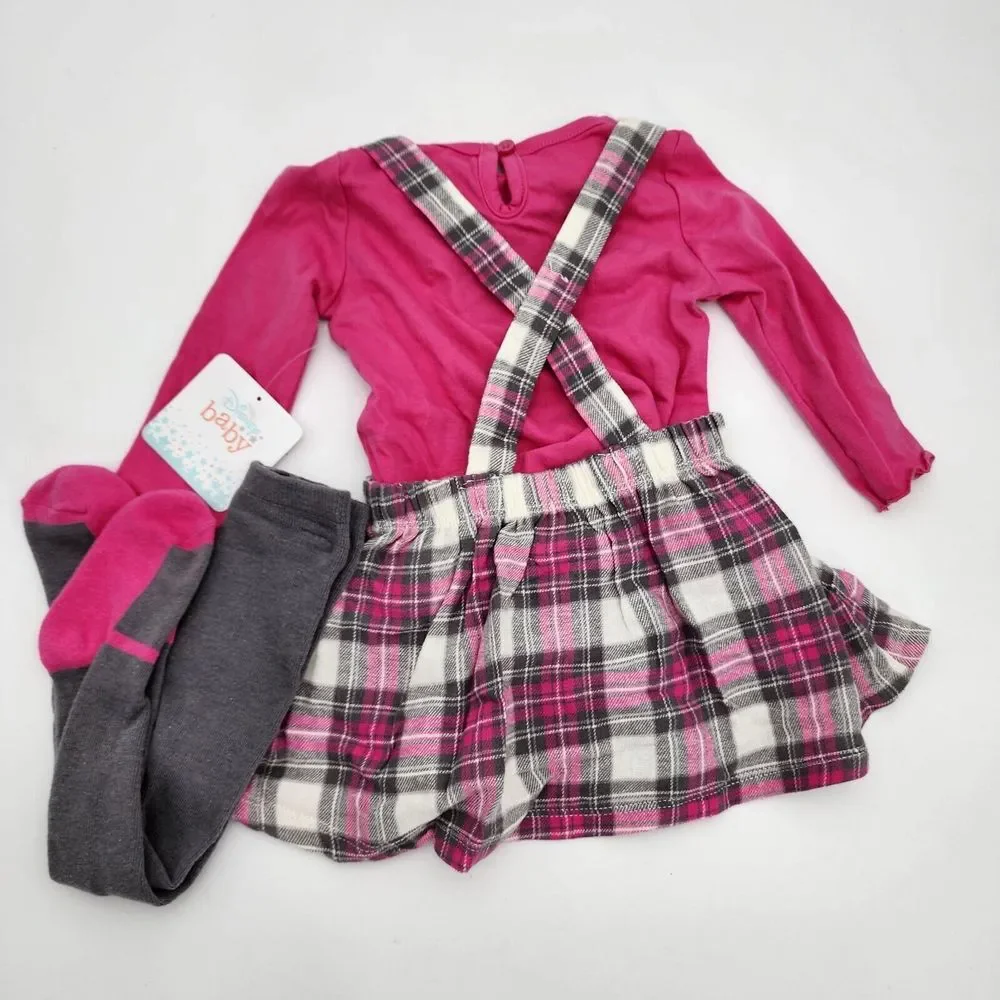 DISNEY MINNIE MOUSE 3-PIECE OVERALL‎ SKIRT SET WITH TIGHTS 6-9M. NEW PINK